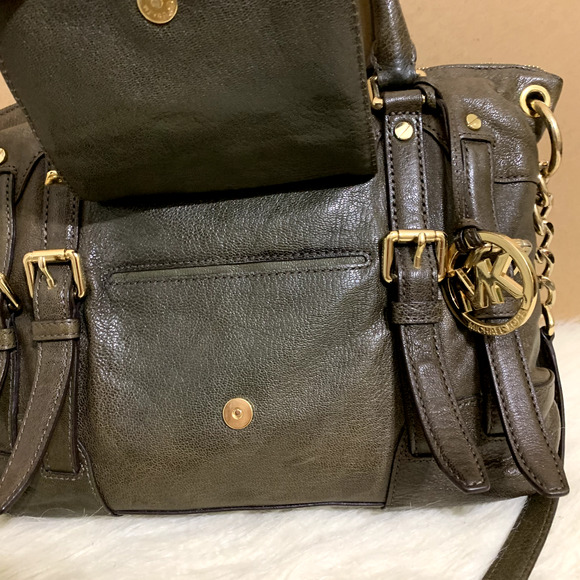MICHAEL KORS Dark Olive Green Leather Belted Trim MCGRAW Slim Satchel w/Strap - Picture 4 of 16